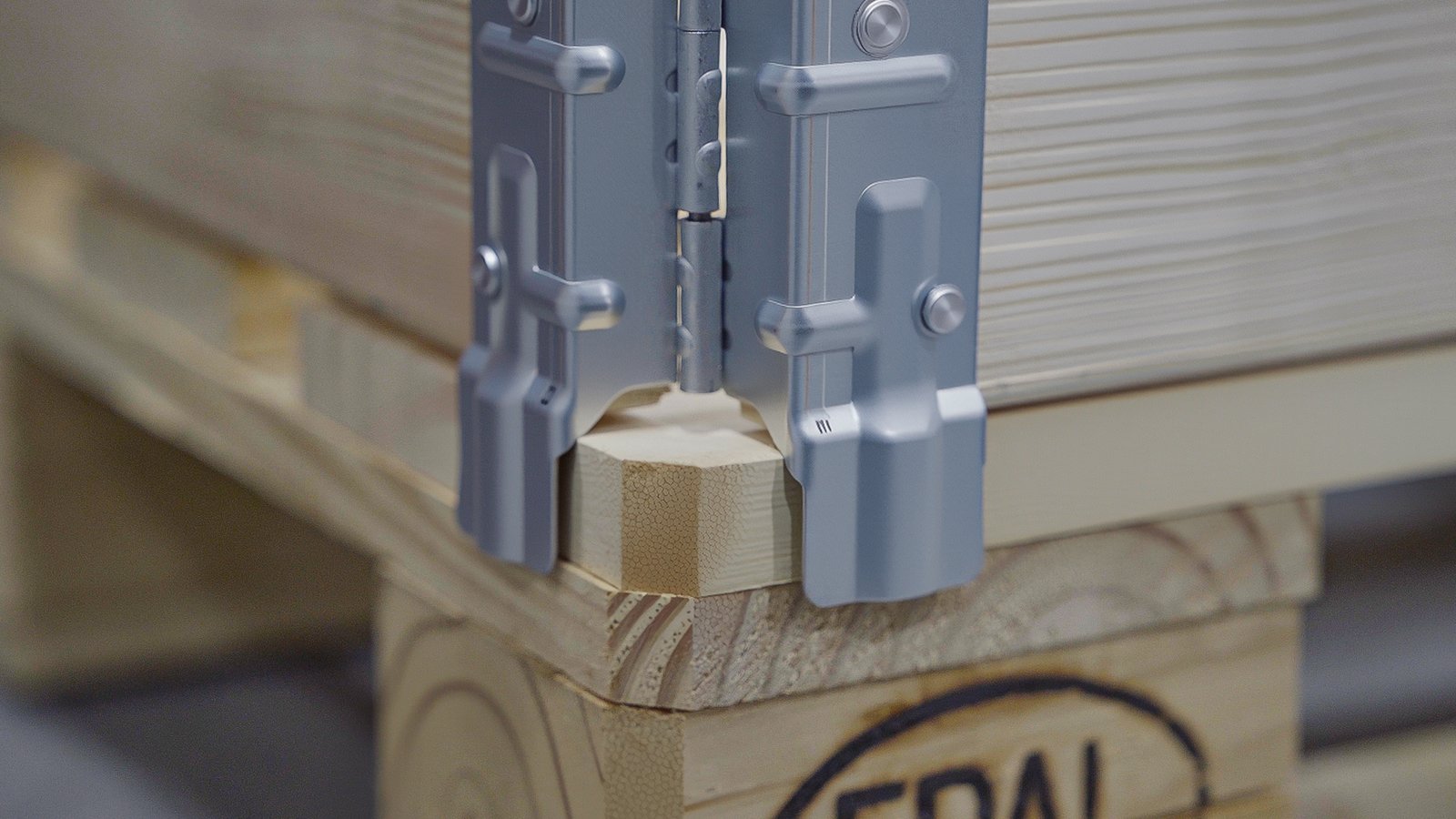 EPAL certified pallet collar metal hinge close-up