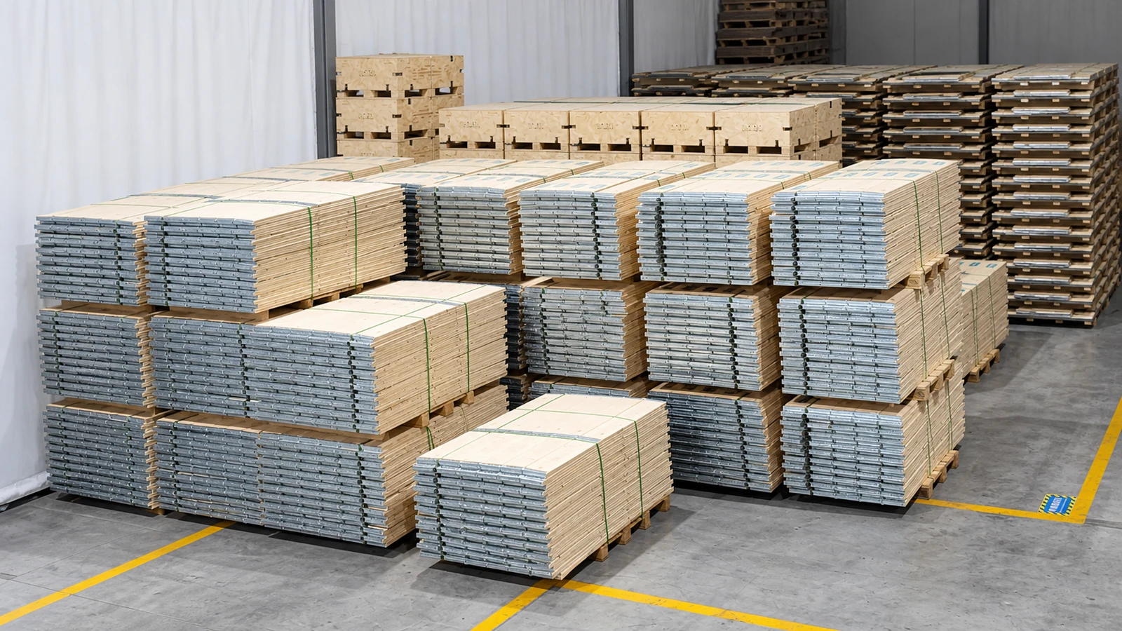 Folded wooden pallet collars bundled at the Ningbo manufacturing base