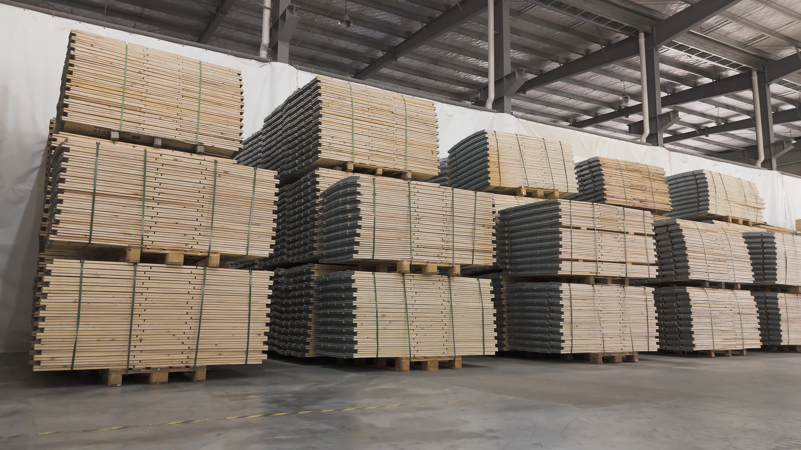 Folded wooden pallet collars stacked in production storage