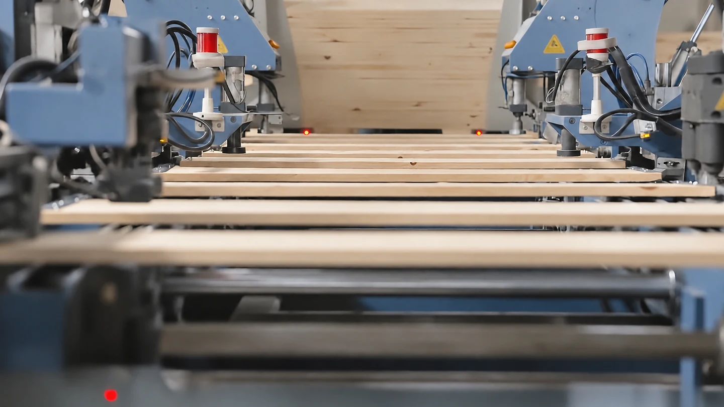 Wooden boards on an automated packaging production line