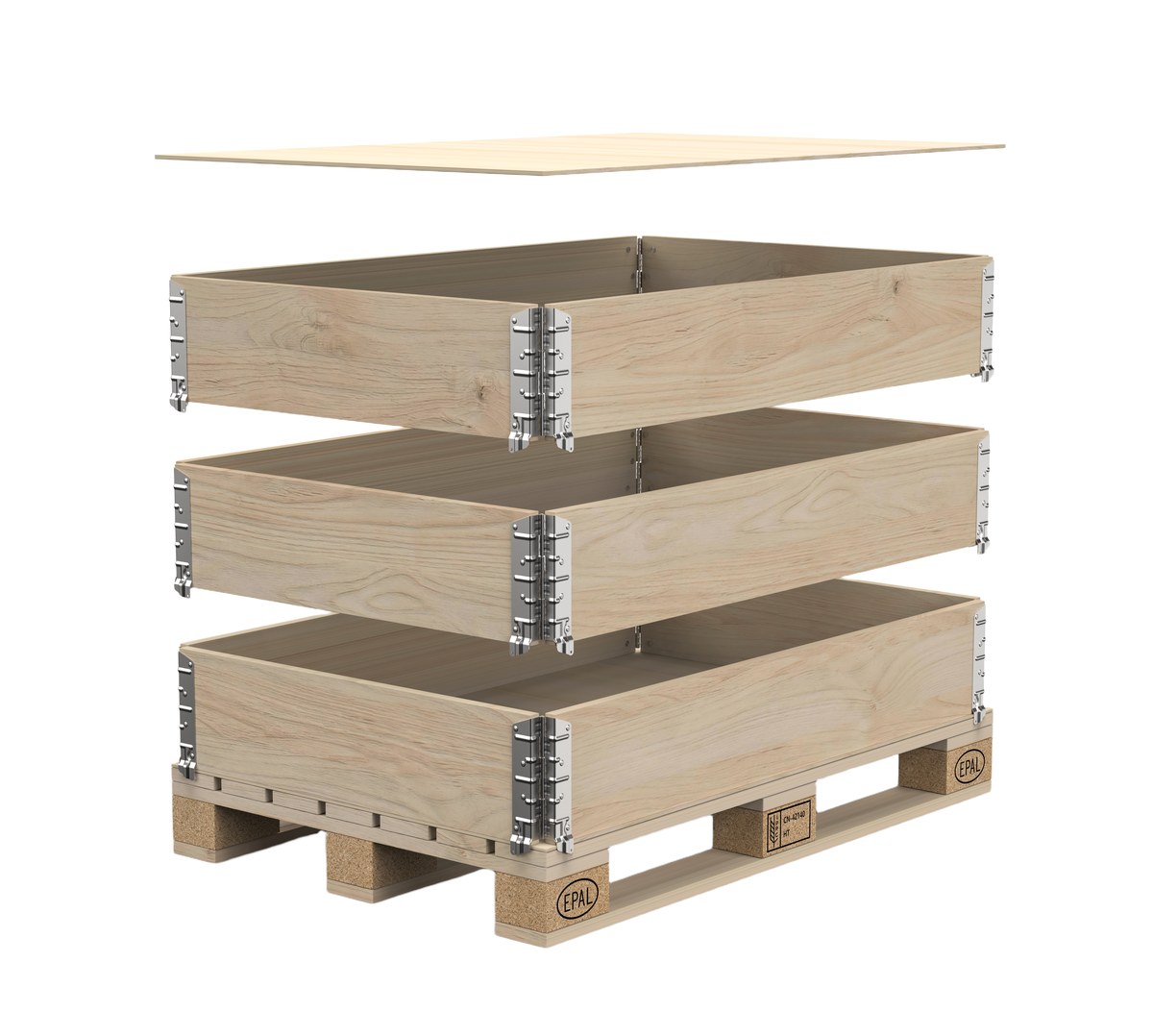 Stackable pallet collar design with three tiers and lid