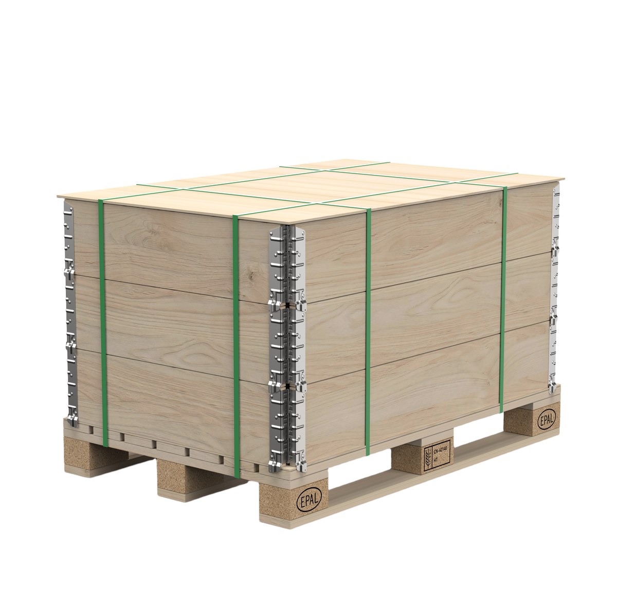 Pallet collar stack secured with green strapping